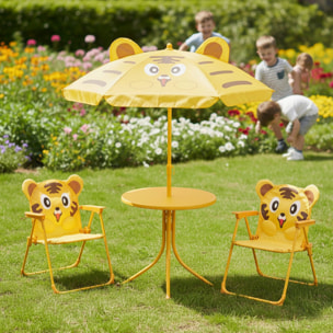 Well Home Conjunto jardín niños 4 piezas (mesa + 2 sillas + paraguas) diseño Tigre, plegable y ligero