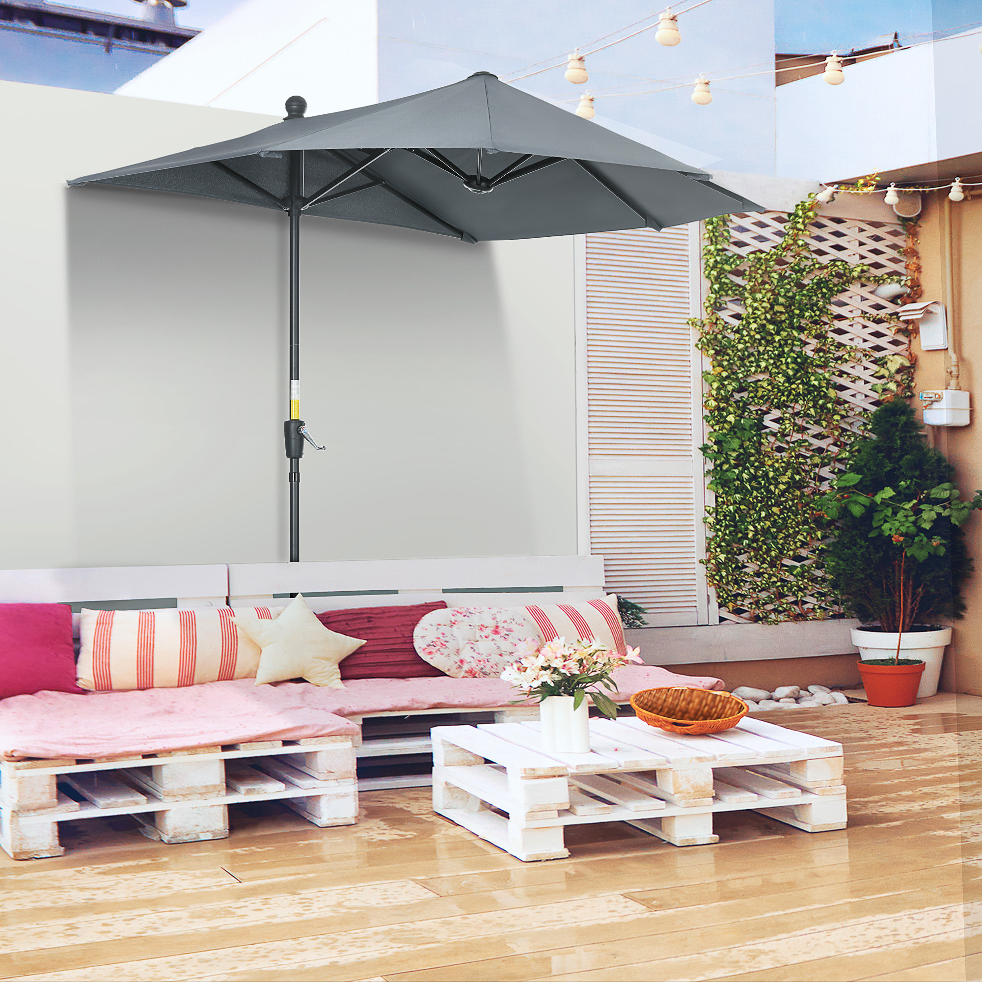 Sombrilla de Pared de Jardín 200x190x240 cm Parasol con Manivela Poste de Acero y Base Cruzada Protección Solar para Terraza Balcón Exterior Gris