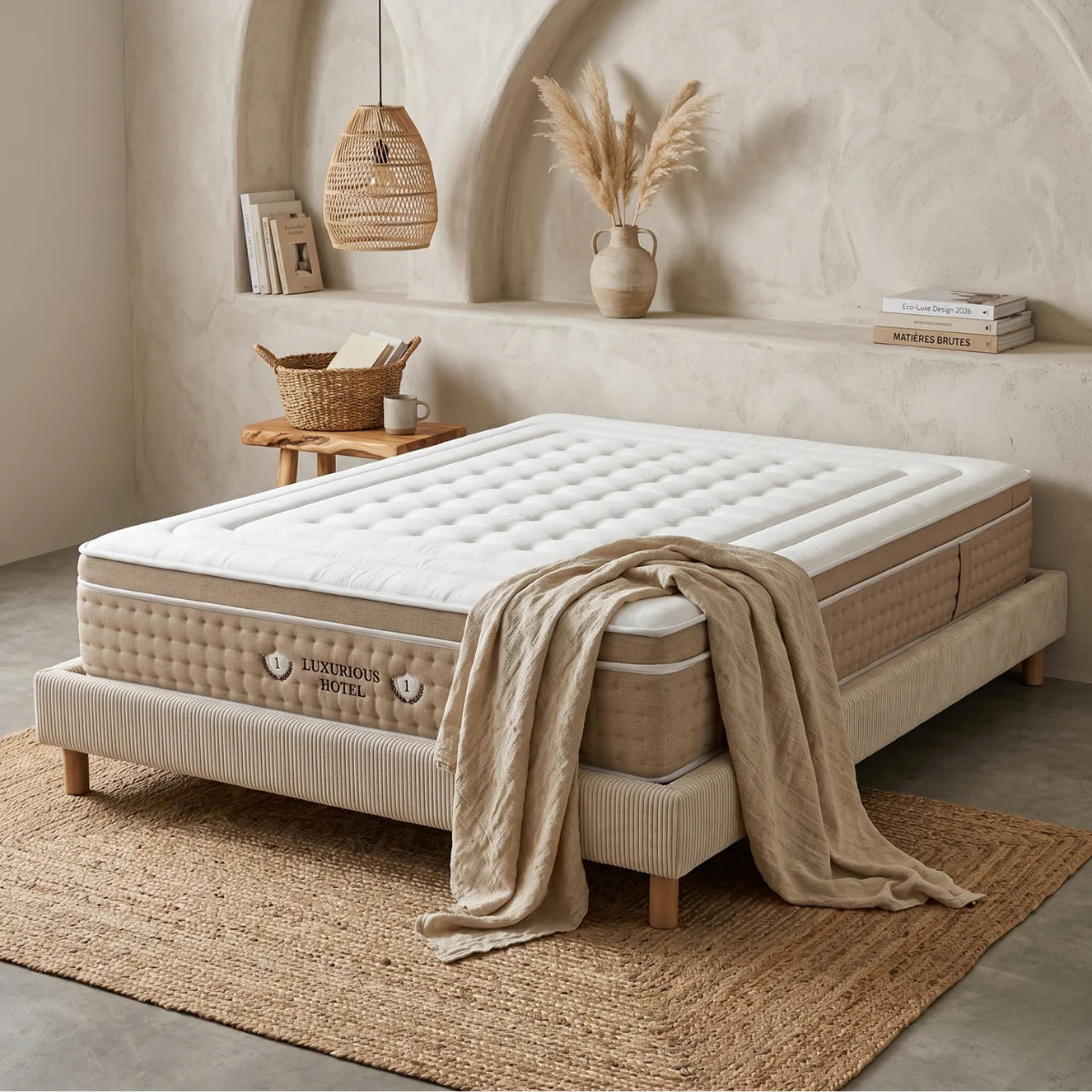 Ensemble matelas Bali & sommier Cancun | Mémoire de forme et ressorts ensachés | Cadre à lattes | Velours côtelé | Beige