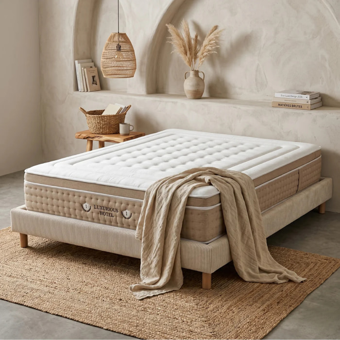 Ensemble matelas Bali & sommier Cancun | Mémoire de forme et ressorts ensachés | Cadre à lattes | Velours côtelé | Beige