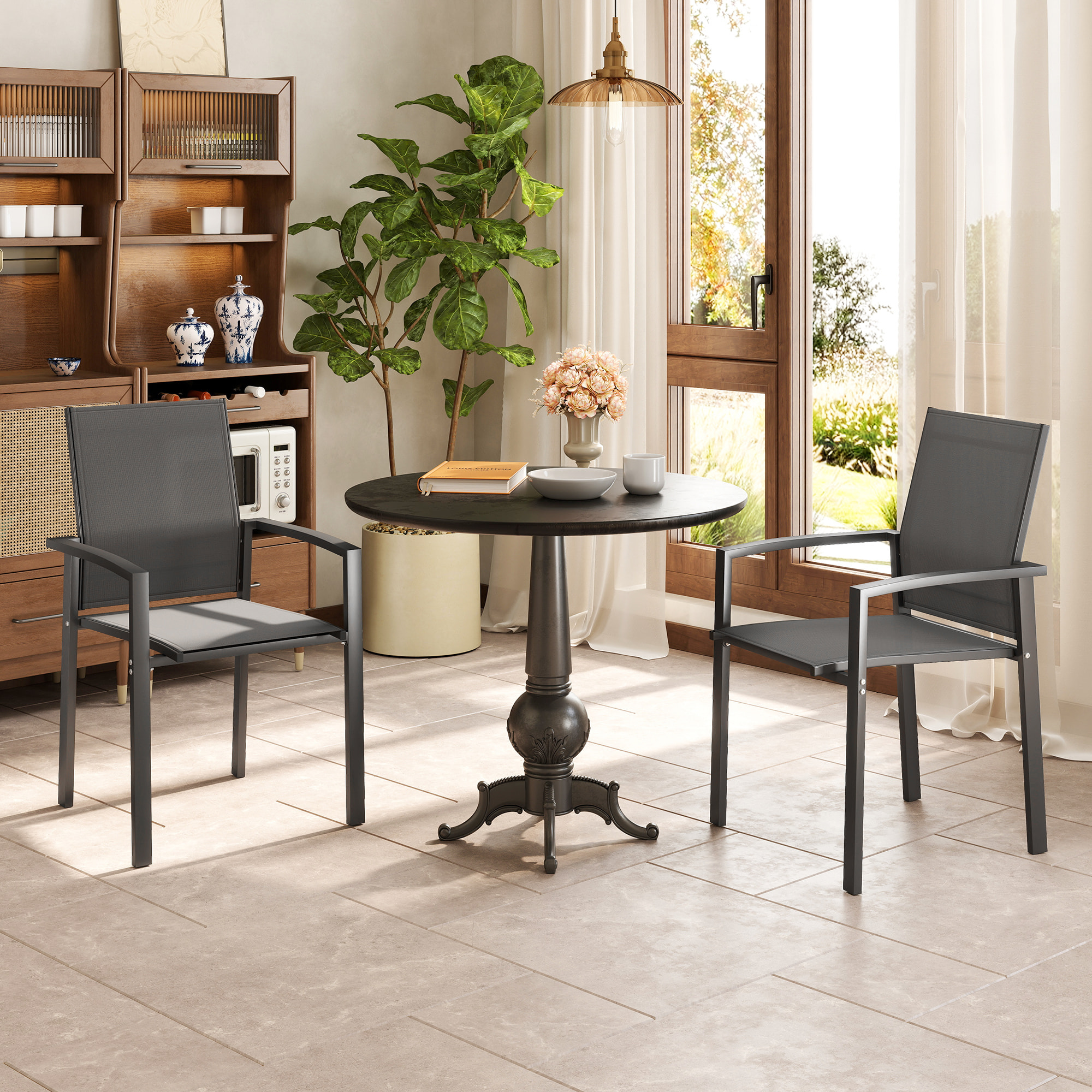 Juego de 2 Sillas de Jardín Exterior Sillas Terraza Exterior Apilables Sillones de Comedor con Tela Transpirable Marco de Acero Reposabrazos y Respaldo 56x58x89 cm Gris Oscuro