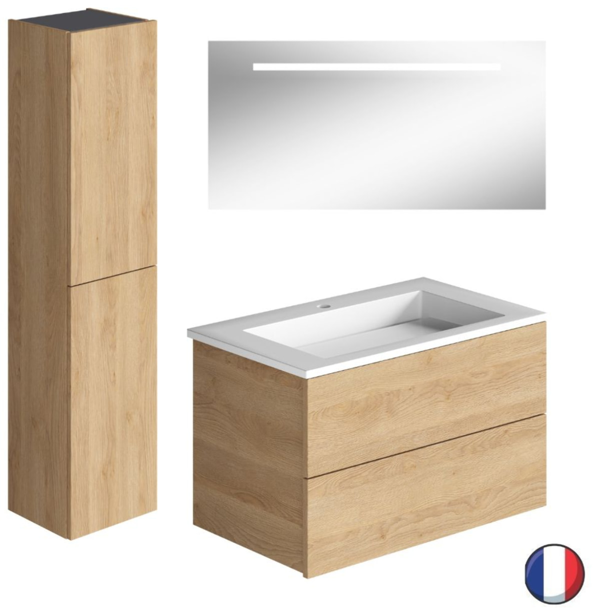 Meuble vasque 80 cm BURGBAD Cosmo chêne cachemire + miroir + colonne