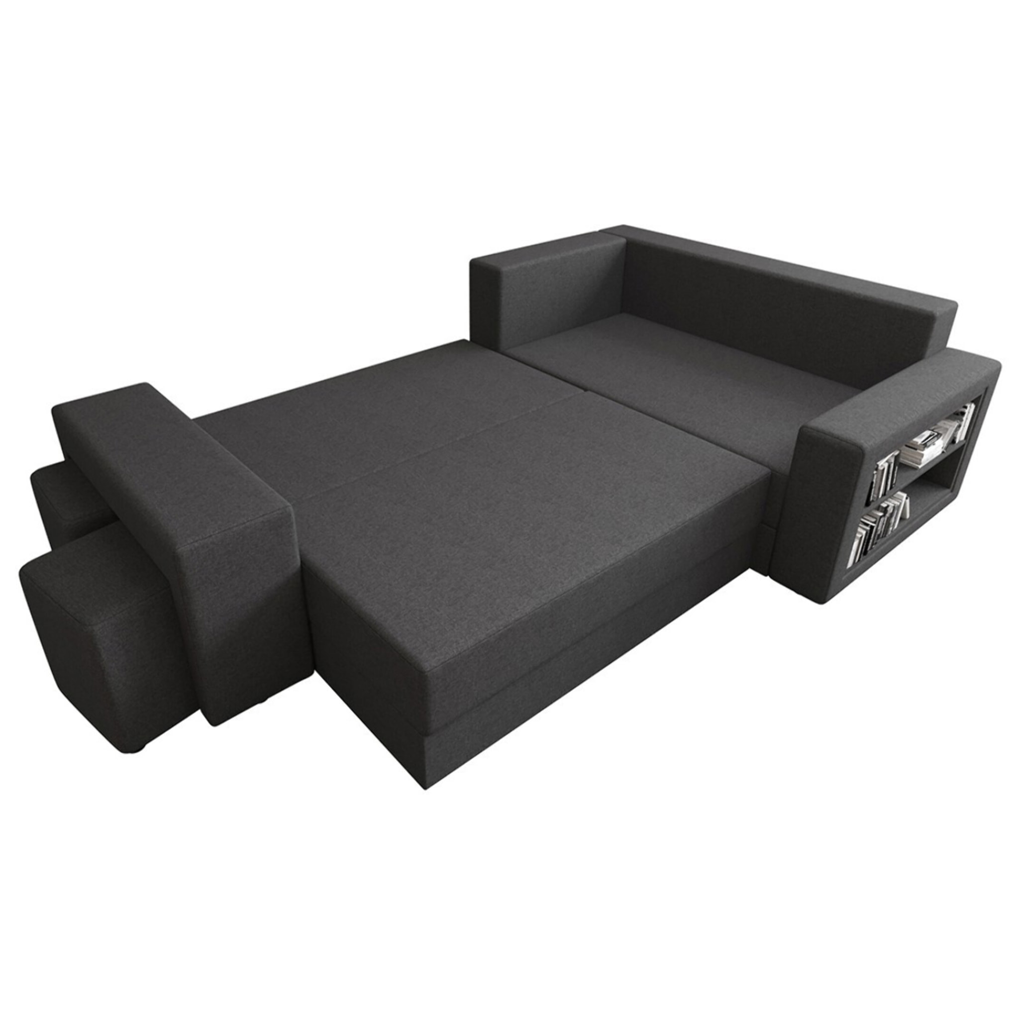 Libbie - Canapé d'angle droit 4 places convertible avec coffre, étagère et poufs en tissu - Gris Anthracite