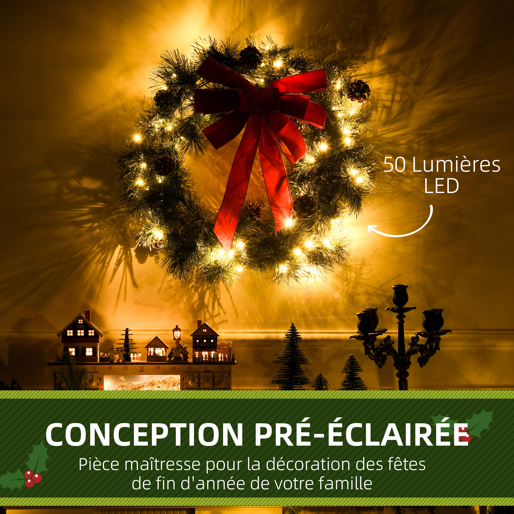 Couronne de Noël artificielle lumineuse - Décoration de Noël LED - Ø 60 cm 50 LED blanc chaud - décoration incluse