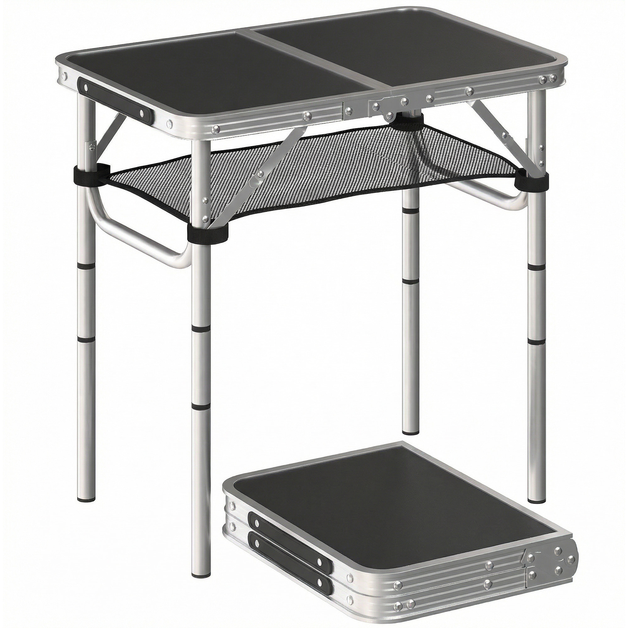 Mesa Plegable Camping, 60x40x60 cm, Mesa Plegable Portátil con Altura Ajustable en 4 Niveles, Red de Almacenamiento, Marco de Aluminio, para Acampar, Senderismo, Playa, Negro