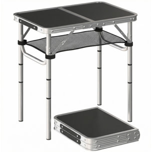 Mesa Plegable Camping, 60x40x60 cm, Mesa Plegable Portátil con Altura Ajustable en 4 Niveles, Red de Almacenamiento, Marco de Aluminio, para Acampar, Senderismo, Playa, Negro
