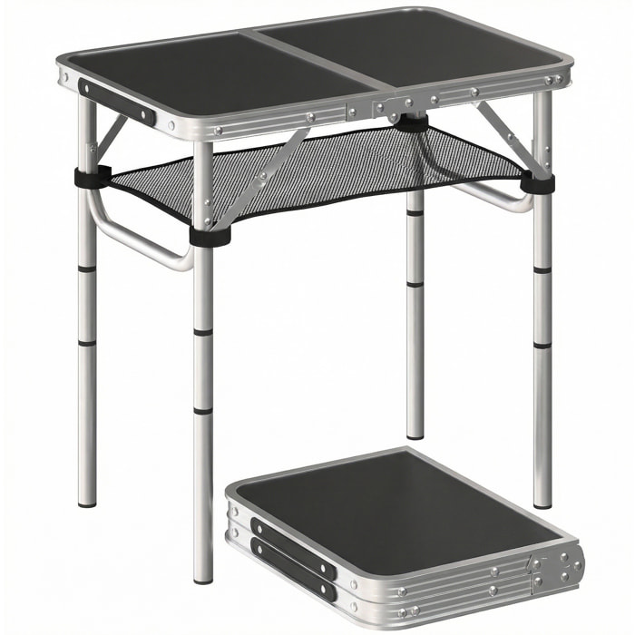 Mesa Plegable Camping, 60x40x60 cm, Mesa Plegable Portátil con Altura Ajustable en 4 Niveles, Red de Almacenamiento, Marco de Aluminio, para Acampar, Senderismo, Playa, Negro