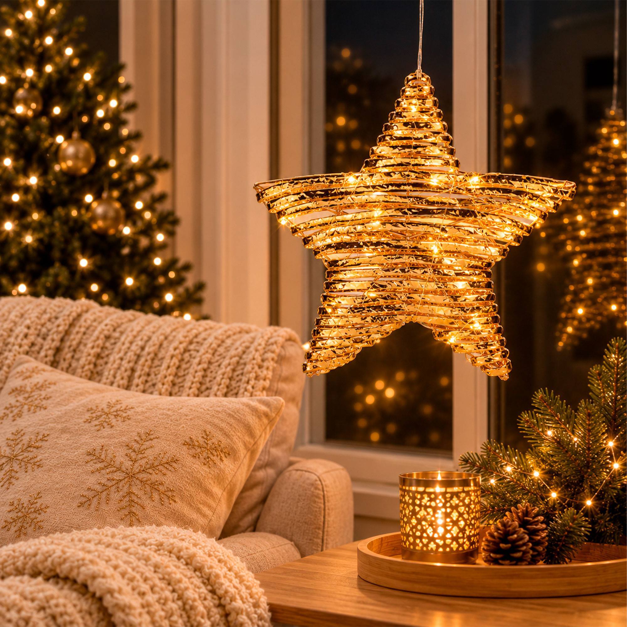 Estrella navideña led dorada para colgar con 20 microled blanco cálido, con temporizador 30x8x30 cm