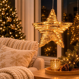 Estrella navideña led dorada para colgar con 20 microled blanco cálido, con temporizador 30x8x30 cm