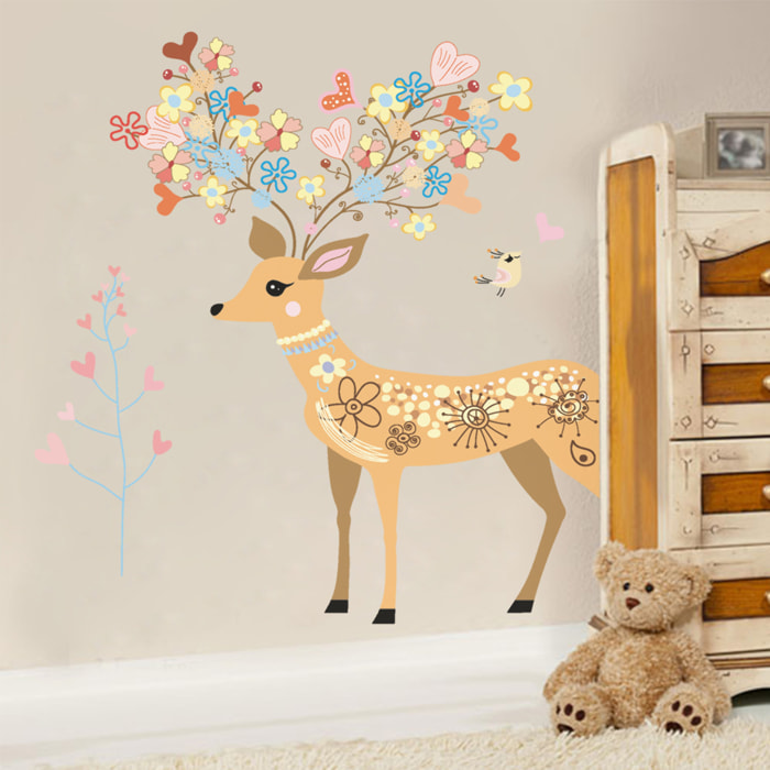 Stickers Muraux décoration adhésifs Biche, fleurs et oiseaux