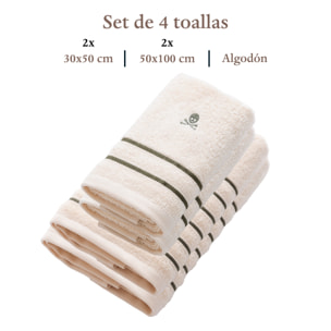 Set de 4 toallas: 2 de invitados (50x30) y 2 de lavabo (100x50) 100% algodón, 470 gsm, beige con rayas verdes scalpers home