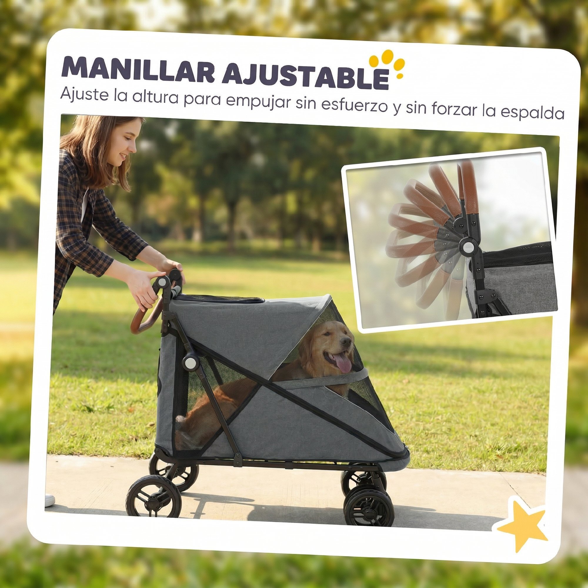 Carrito para Perros y Gatos Grande Plegable con un Botón hasta 30 kg, Cochecito para Perros Medianos y Grandes, Suspensión 4 Ruedas, Giratorio, Freno de Pie, Cojín Lavable, Gris