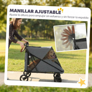 Carrito para Perros y Gatos Grande Plegable con un Botón hasta 30 kg, Cochecito para Perros Medianos y Grandes, Suspensión 4 Ruedas, Giratorio, Freno de Pie, Cojín Lavable, Gris