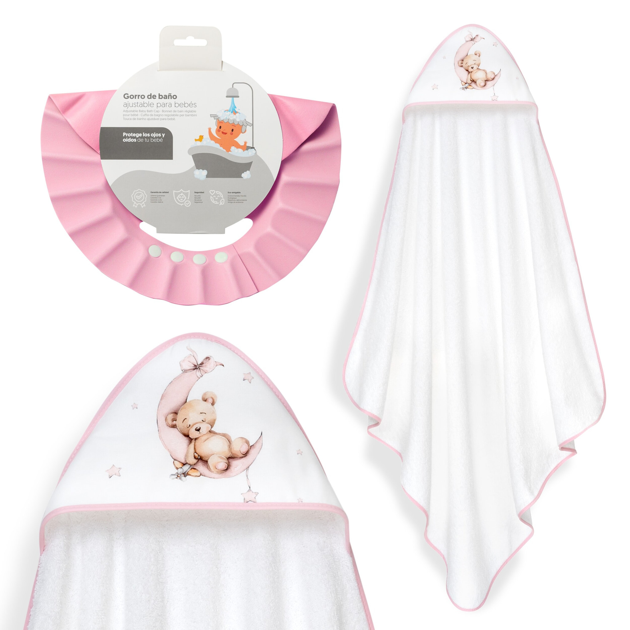 Capa Baño 1X1 Mod Estampado Oso Luna Estrellas+Gorro Bco/Rosa