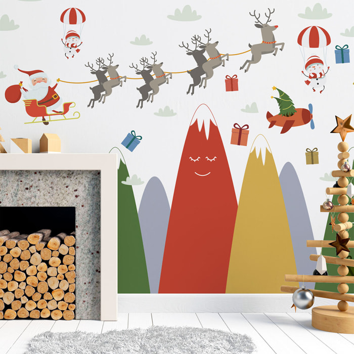 Stickers muraux Noël - Décoration chambre salon - Autocollant Sticker mural géant montagnes scandinaves MONTAGNES LE PÈRE NOËL ET SES RENNES