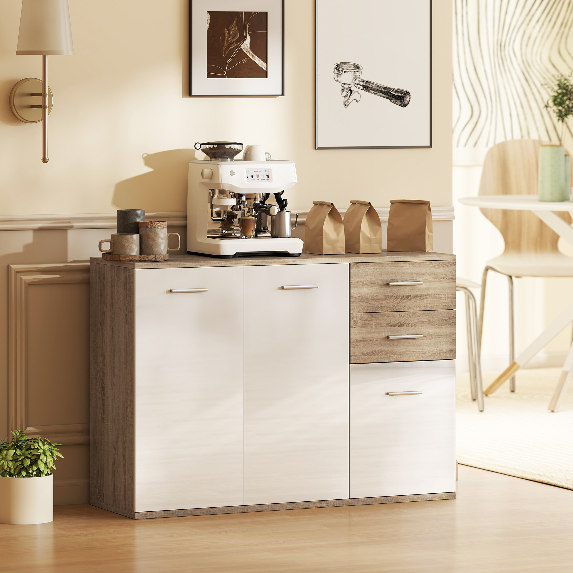 Buffet 2 tiroirs coulissants 2 placards étagère réglable panneaux blanc laqué effet bois naturel