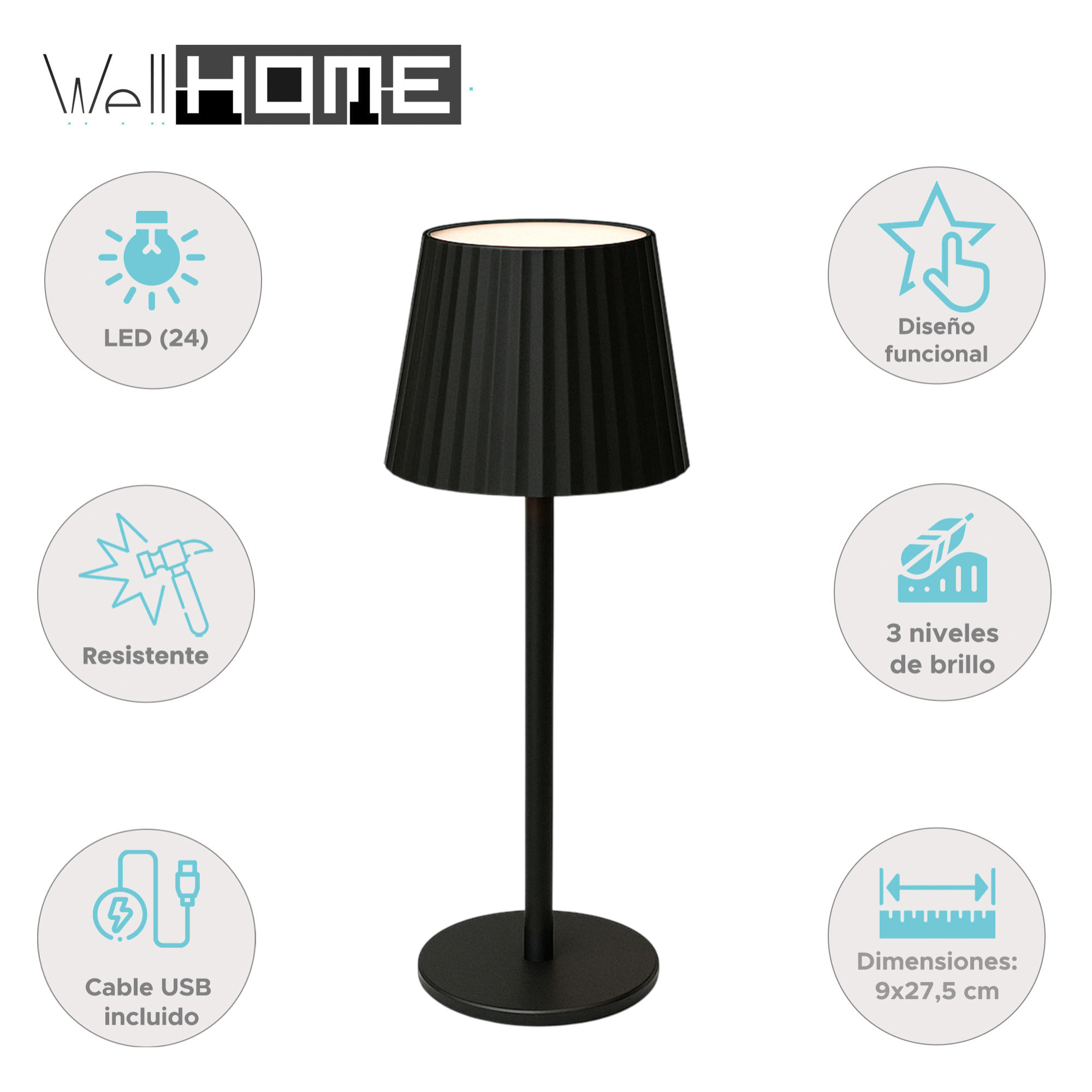 Well Home Lámpara de Mesa Negra LED recargable con 24 luces blancas cálidas y 3 niveles de brillo Ø9x27,5cm