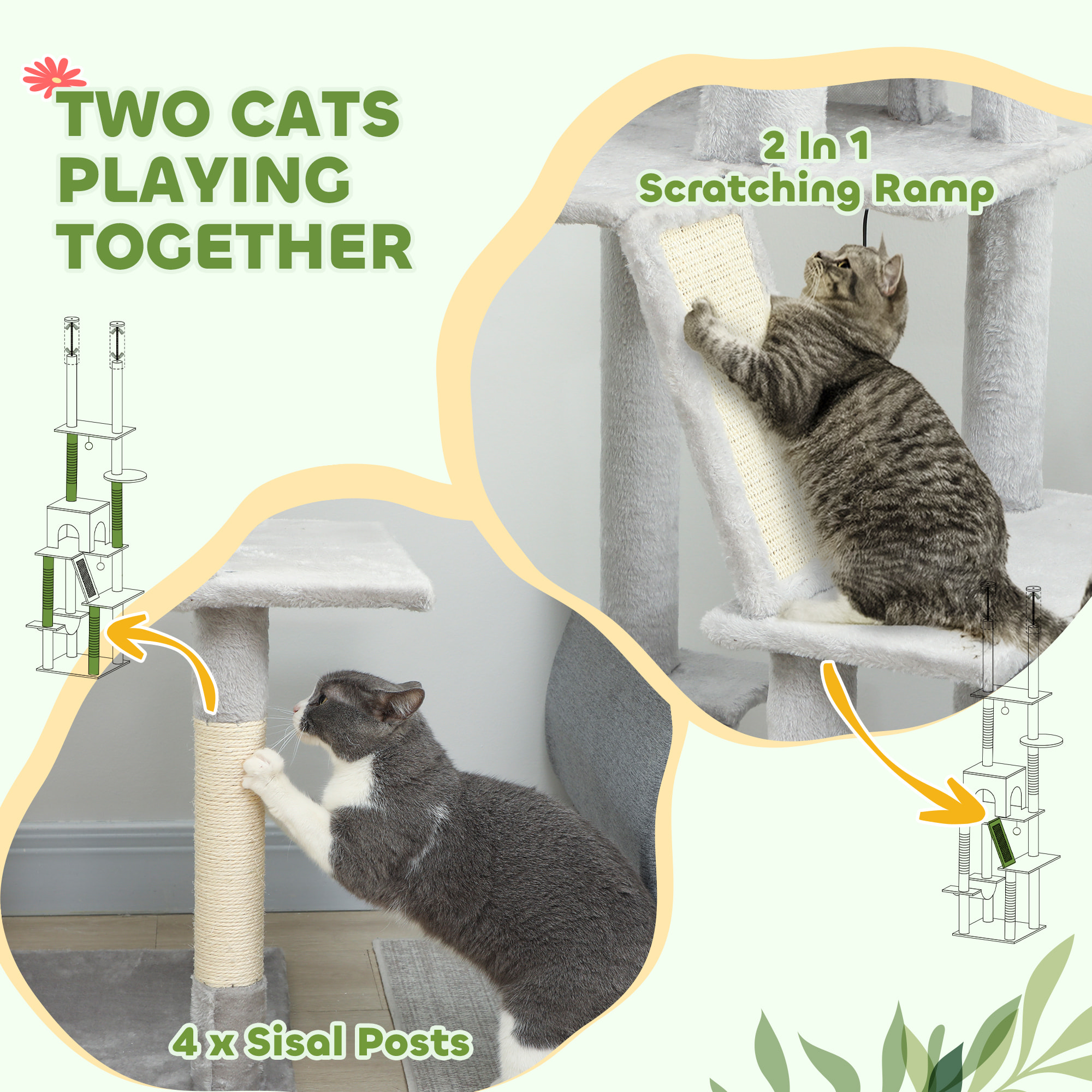Arbre à chat du sol au plafond XXL, hauteur réglable 225-255 cm, griffoir pour chat en sisal à 6 niveaux avec niche, hamac, plates-formes, échelle et 2 pompons suspendues, gris clair
