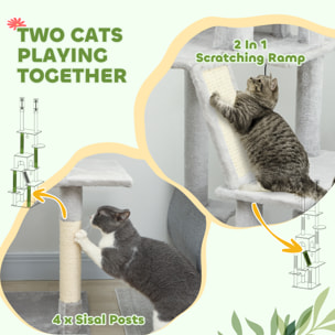 Arbre à chat du sol au plafond XXL, hauteur réglable 225-255 cm, griffoir pour chat en sisal à 6 niveaux avec niche, hamac, plates-formes, échelle et 2 pompons suspendues, gris clair
