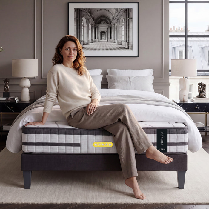 Ensemble Matelas Hybride Concorde & Sommier Tissu, Mémoire de forme & Ressorts ensachés, 26 cm, Technologie Tri-lattes, Soutien Ferme