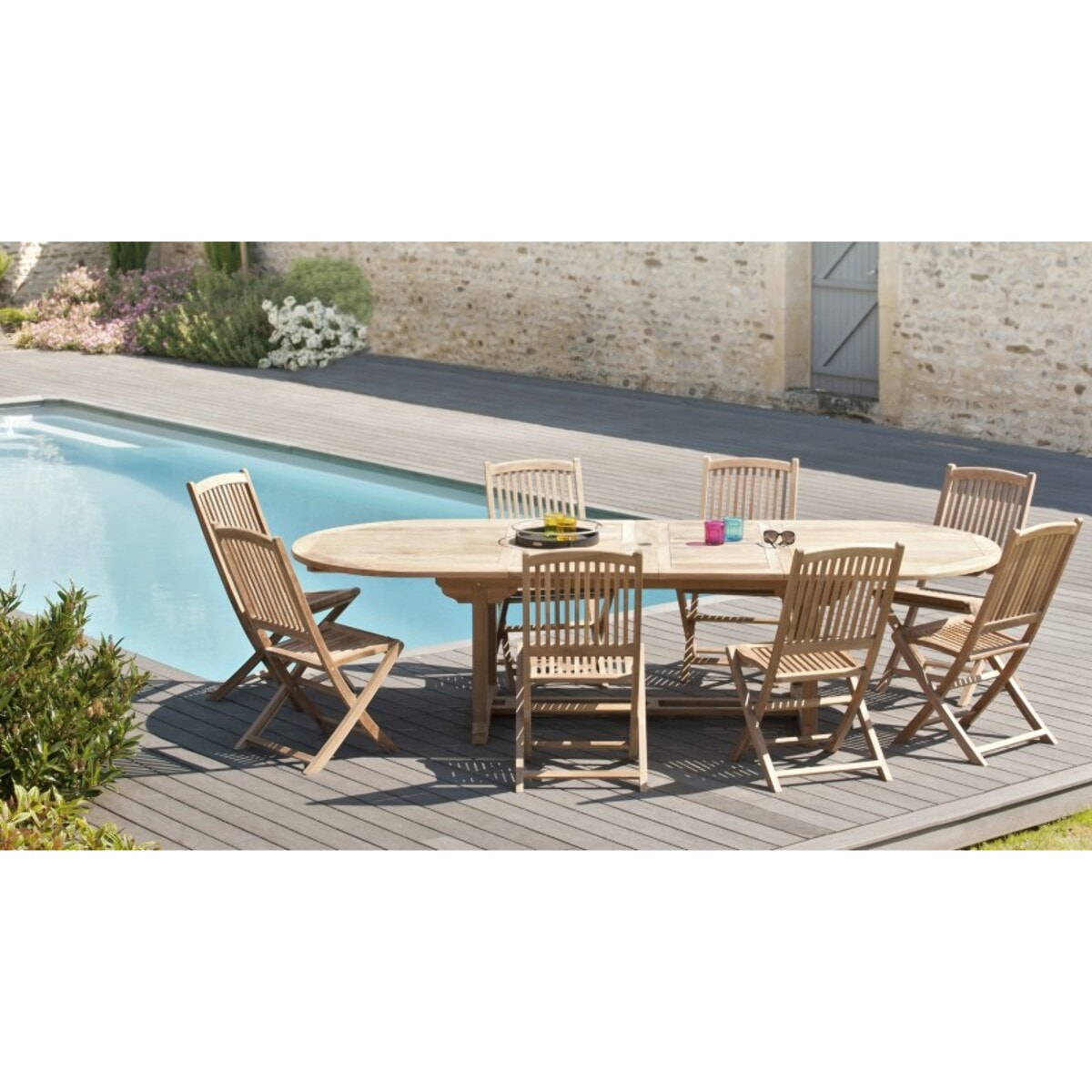 FUN - SALON DE JARDIN EN BOIS TECK 10/12 pers : Ensemble de jardin - 1 Table ovale extensible 200*300/120cm et 8 chaises