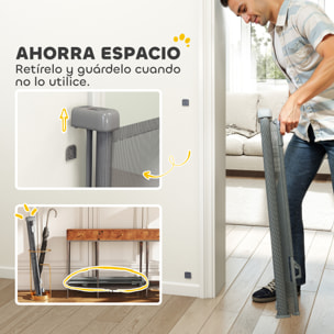 Barrera de Seguridad para Perros Retráctil, Extensible hasta 140 cm de Ancho y 93 cm de Alto, para Escaleras y Puertas, Valla para Perros Pequeños y Medianos, Uso con Una Sola Mano, Gris