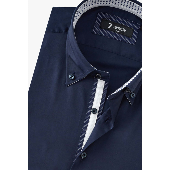 Camicia Uomo 2 Bottoni Button Down Slim Satin Unito Blu