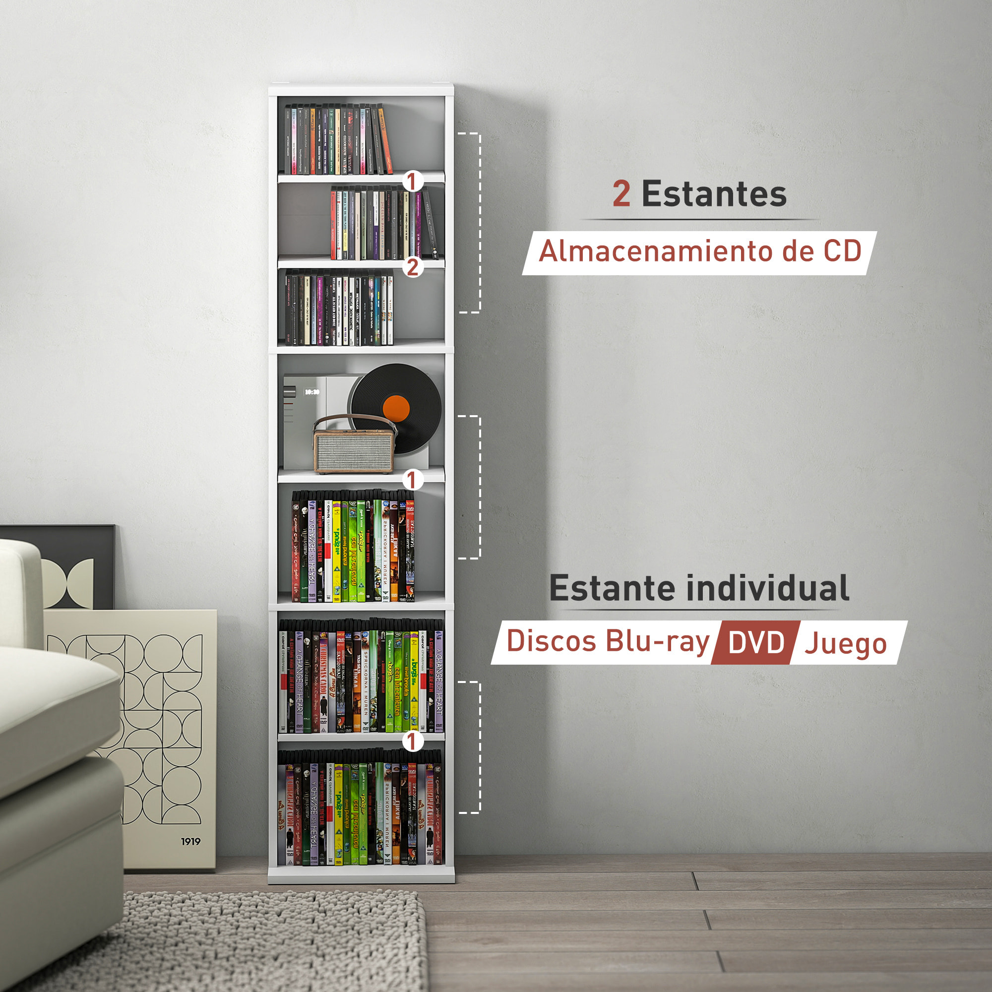Estantería para CDs y DVDs Soportes para CD Estrechos con 9 Compartimentos Estantes Ajustables para Salón Oficina 33x24x140 cm Blanco