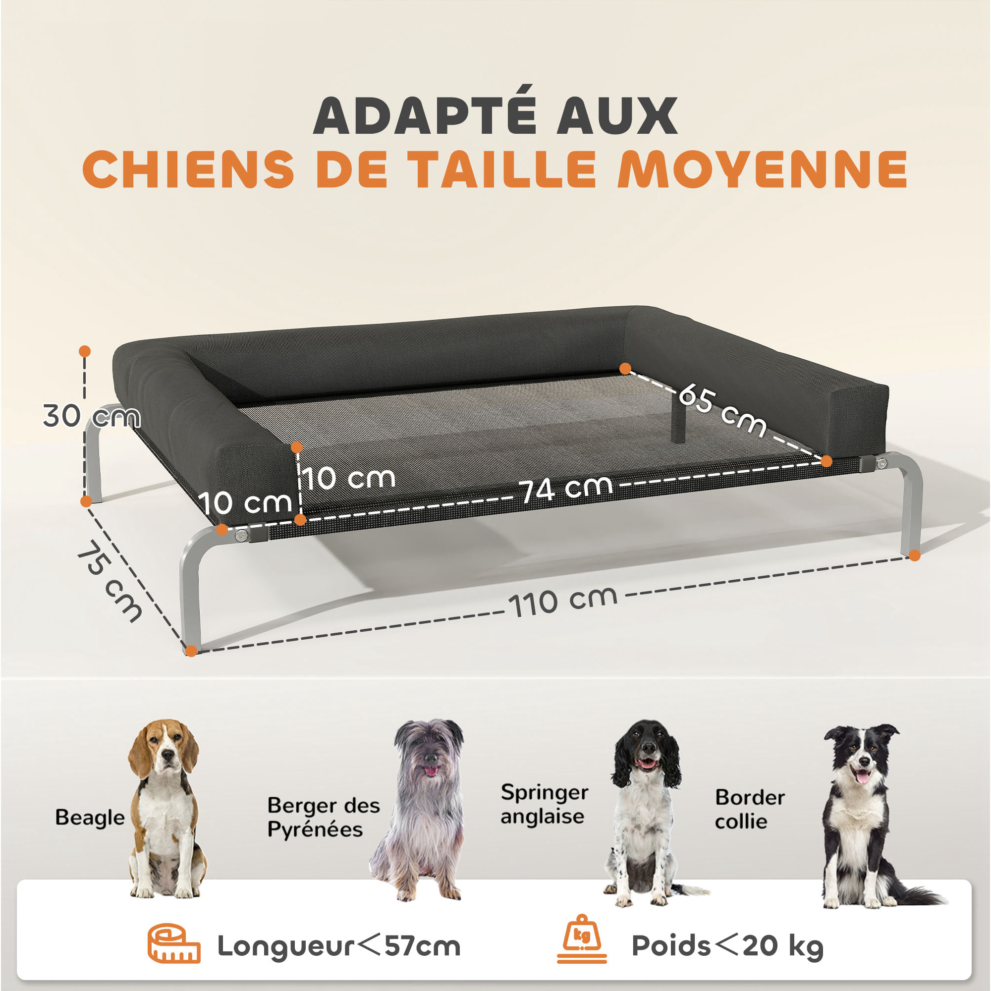 Transat pour animaux - lit pour chien - lit à pieds pour chien avec contour coussin dim. 110 x 75 x 30 cm - noir