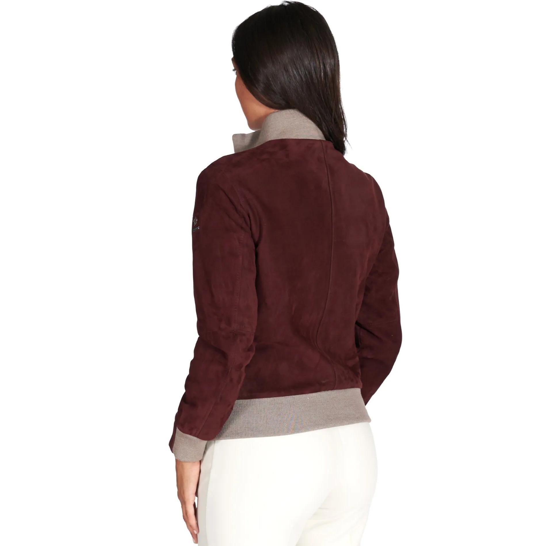 Bomber in pelle scamosciata bordeaux collo in lana merino