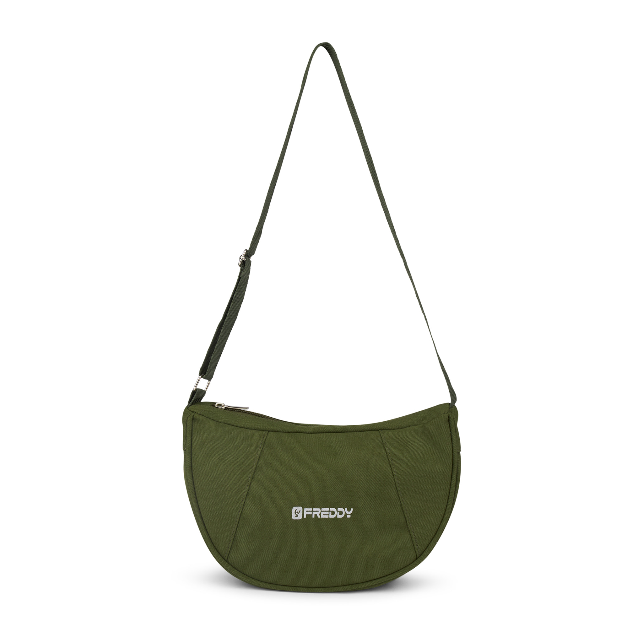 Borsa da spalla a mezzaluna in canvas con zip