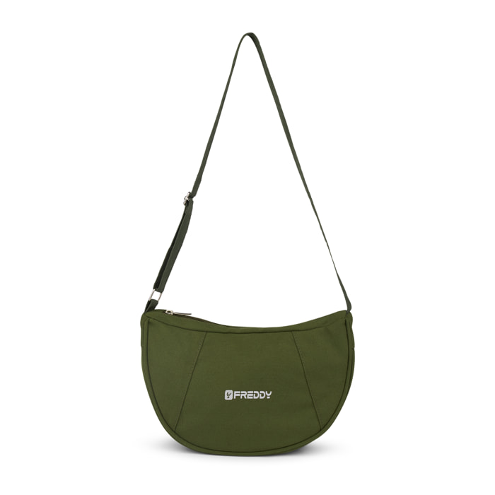 Borsa da spalla a mezzaluna in canvas con zip