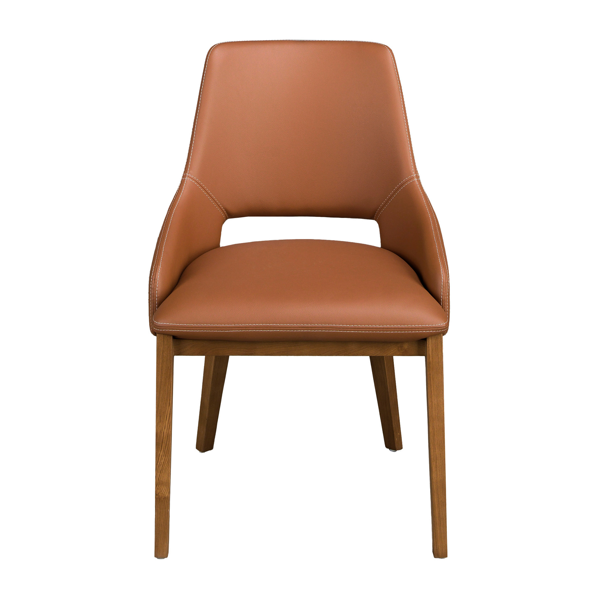 Silla con asiento y respaldo tapizados en polipiel marrón patas de madera chapada en nogal natural 54x61x83cm