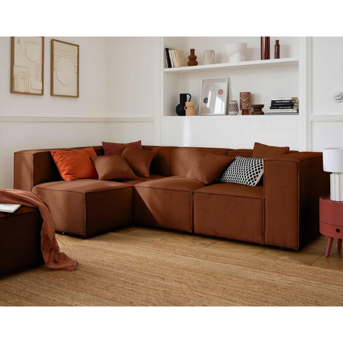 Arty - canapé modulable d'angle gauche 4 places - en velours côtelé - Terracotta