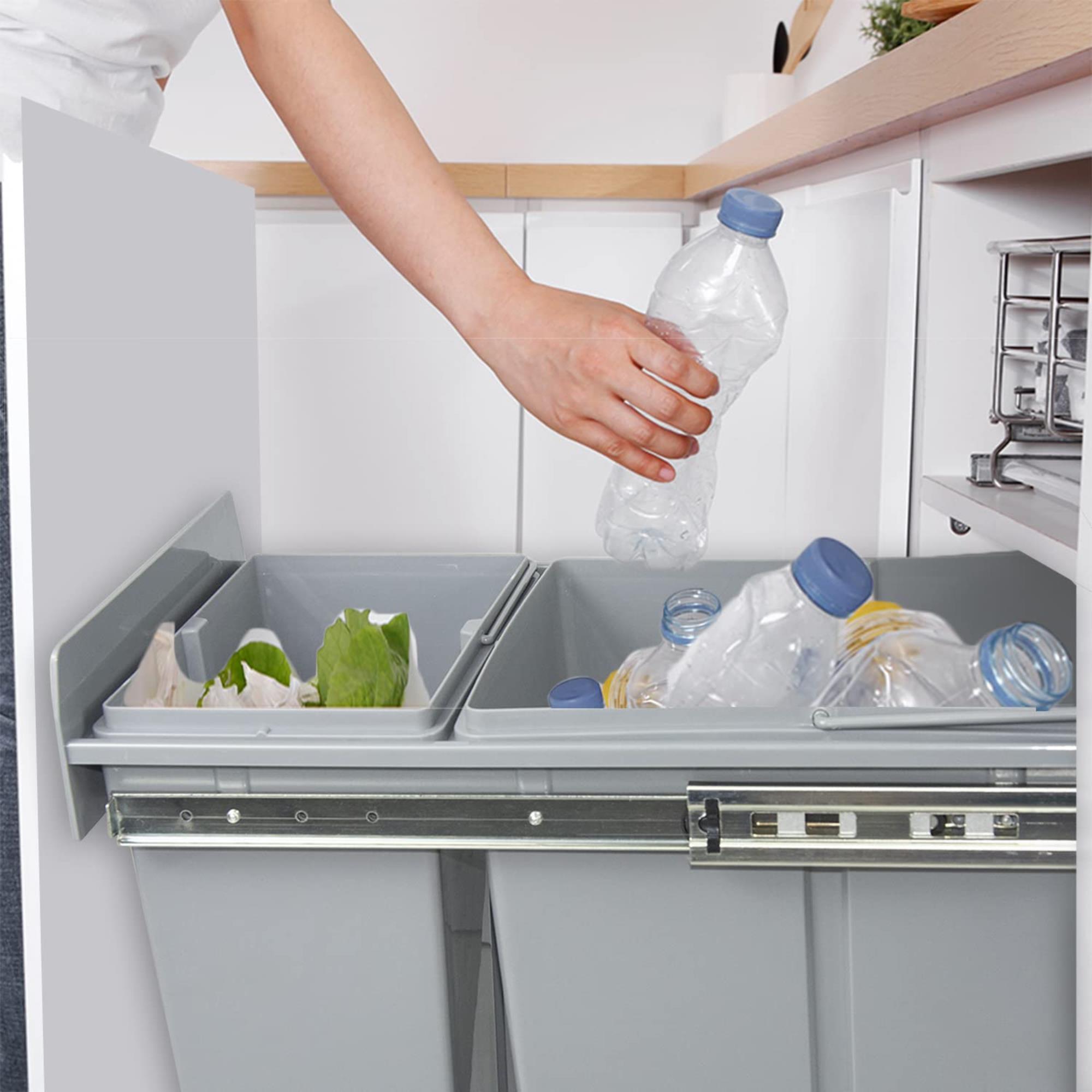 Contenedor de reciclaje para mueble de cocina, cubos de basura bajo fregadero, fijación inferior y extracción manual, cubos extraíbles, con tapa