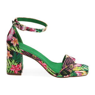 Sandalias con estampado de flores y tacón de 7 cm.