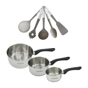 Batterie de cuisine avec 3 casseroles 12/16/20 cm en inox et 5 ustensiles de cuisine sans PFAS Fackelmann Généva Vario