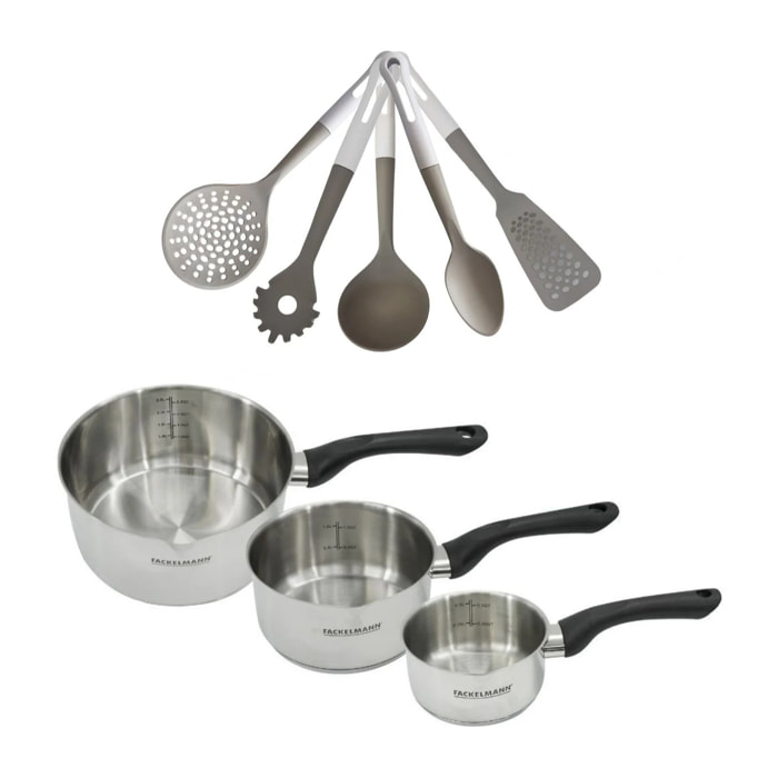 Batterie de cuisine avec 3 casseroles 12/16/20 cm en inox et 5 ustensiles de cuisine sans PFAS Fackelmann Généva Vario