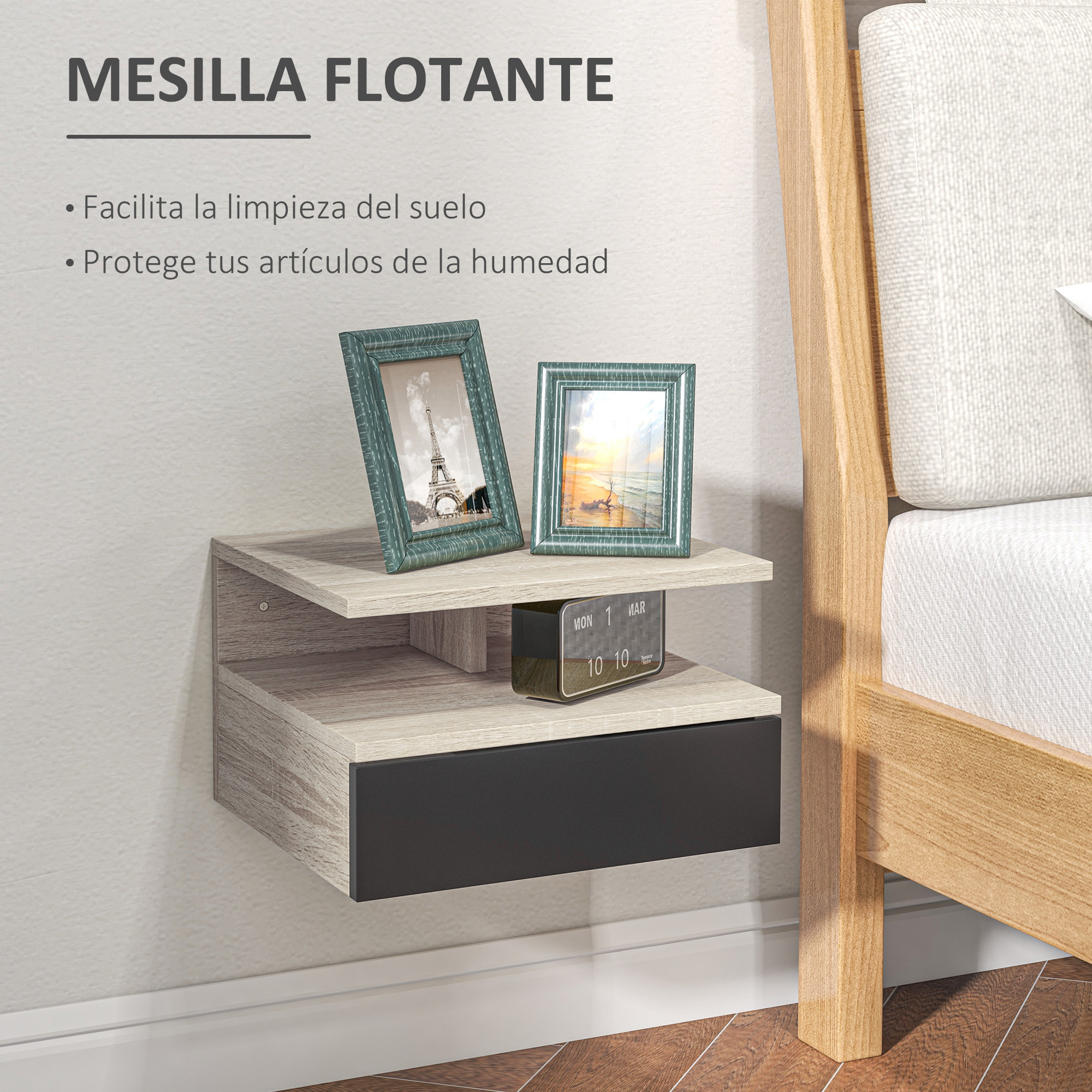 HOMCOM Set de 2 Mesitas de Noche Flotantes con 1 Cajón y Estante Abierto Diseño Moderno Montado en la Pared 35x32x22,5 cm Roble y Negro