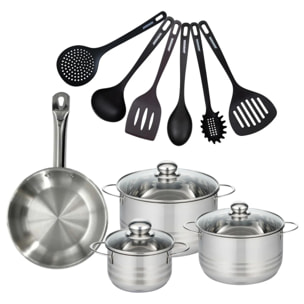 Set 1 poêle 24 cm en inox, 3 faitouts inox 16, 20 et 24 cm et 6 ustensiles RPET Fackelmann Eterna