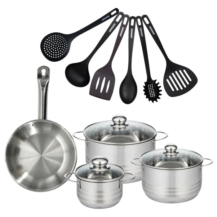 Set 1 poêle 24 cm en inox, 3 faitouts inox 16, 20 et 24 cm et 6 ustensiles RPET Fackelmann Eterna