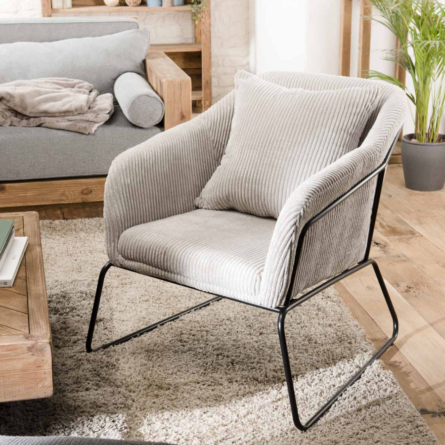 ALBANE - Fauteuil tissu velours cotelé gris perle pieds évasés métal