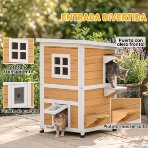 PawHut Caseta para Gatos de Madera Exterior, Casa para Gatos de 2 Niveles con Techo Abatible, Panel Central Extraíble, Ventanas, Puertas, para Terraza, Balcón, Jardín, 51x51x81,3 cm, Natural