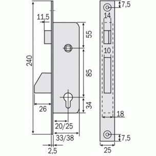 Serrure 1 point L38 TP25 TESA pêne 1/2 tour pêne dormant - Entraxe 85 - 421038AI