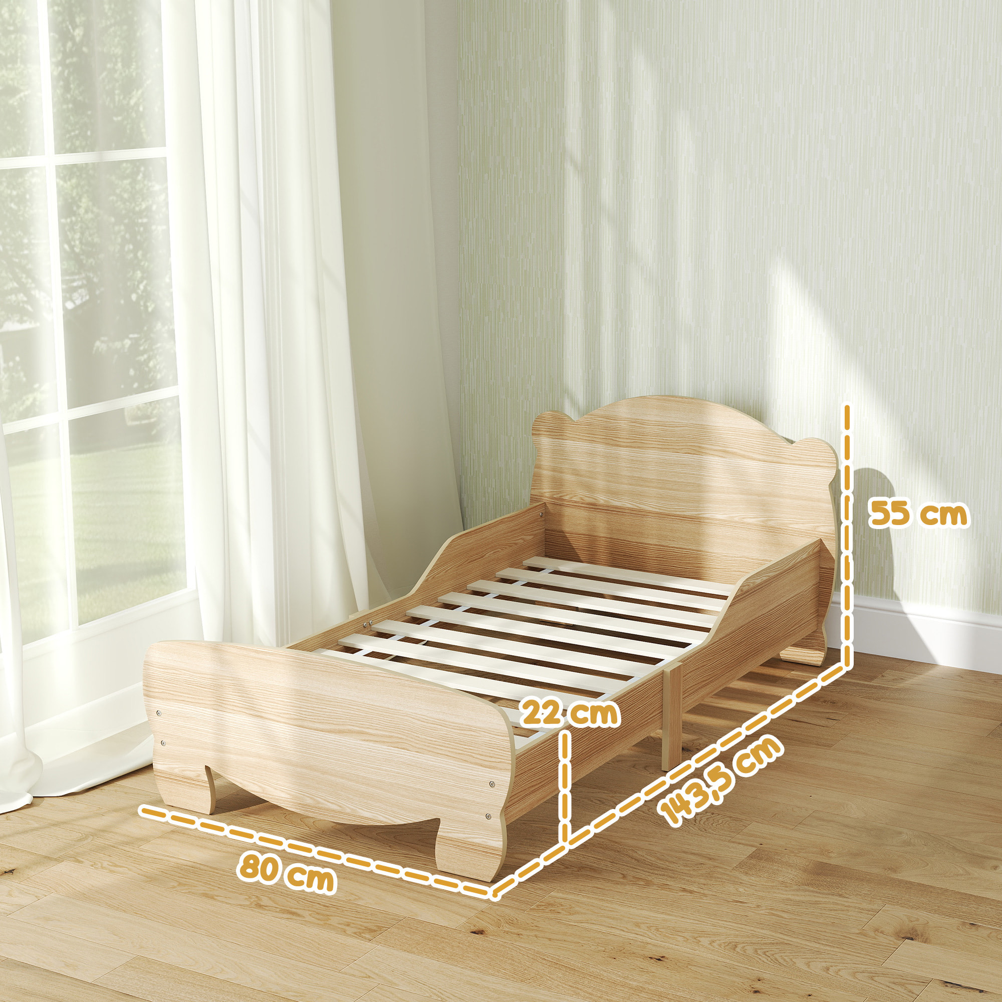 Lit pour enfant 3-6 ans design ourson - sommier à lattes inclus - barrières de sécurité - effet bois naturel