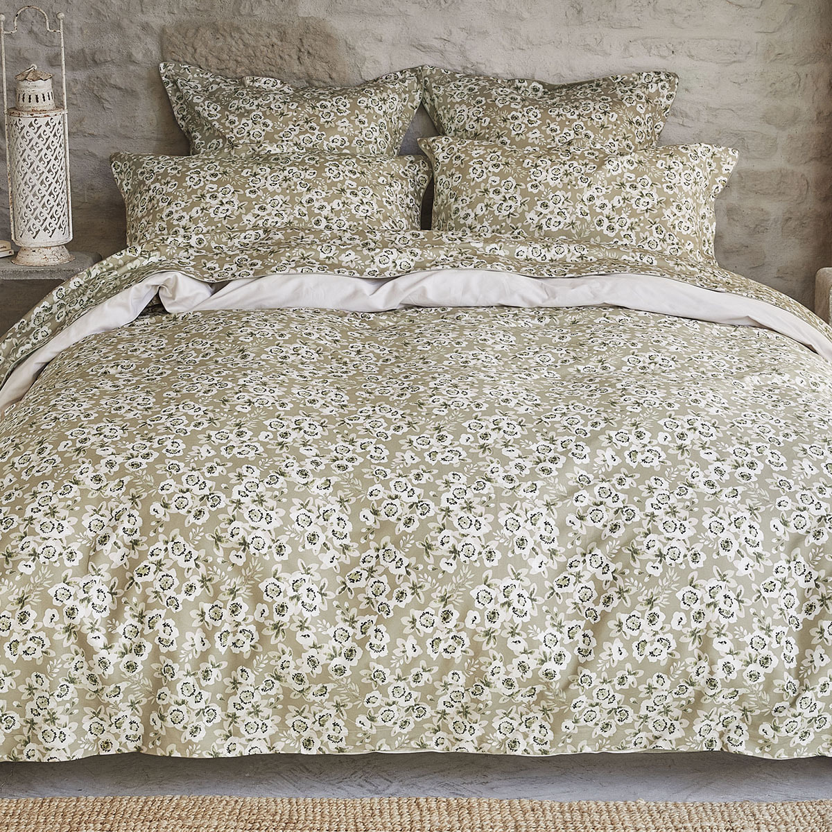 Housse de couette imprimée en satin de coton bio, BLOSSOM, Beige Lune