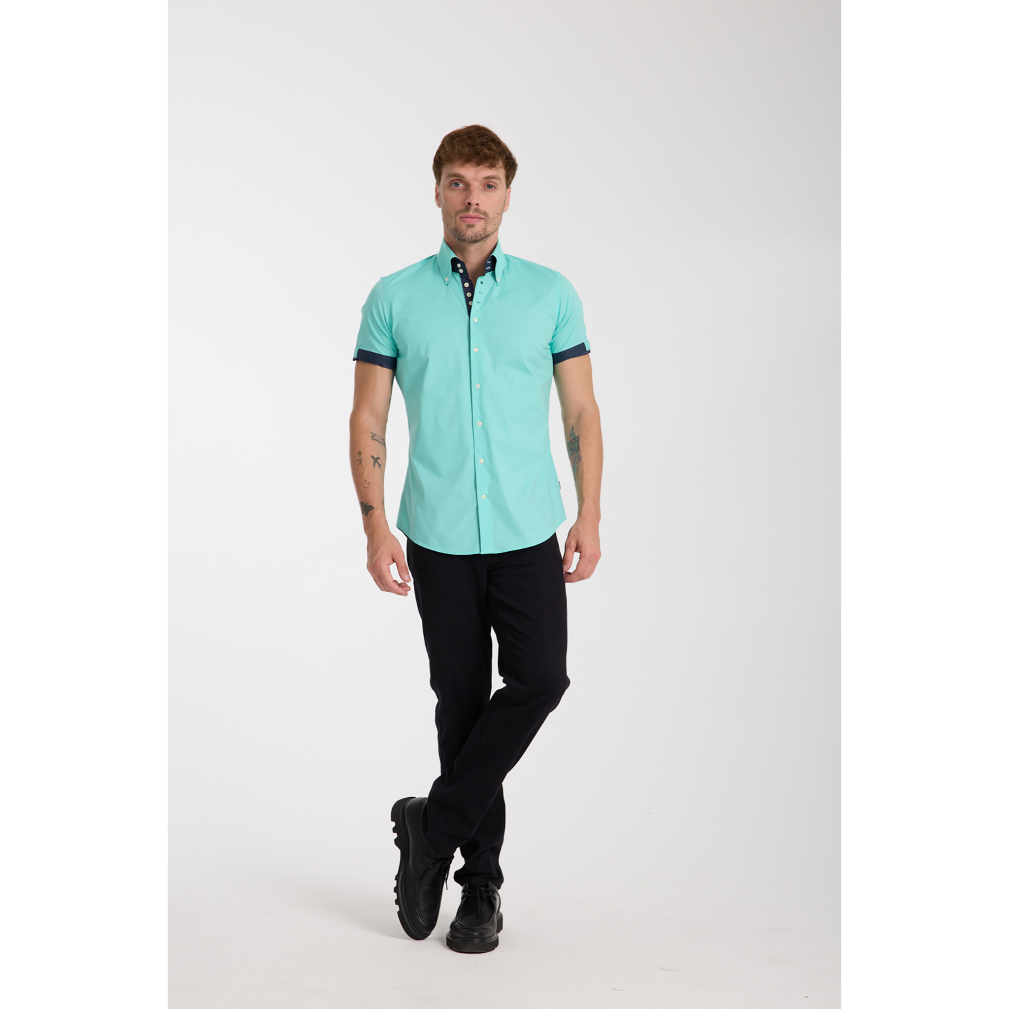 Camicia Uomo Manica Corta 2 Bottoni Button Down 7 Botto Popeline Stretch Unito Verde Acqua
