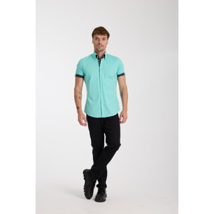 Camicia Uomo Manica Corta 2 Bottoni Button Down 7 Botto Popeline Stretch Unito Verde Acqua