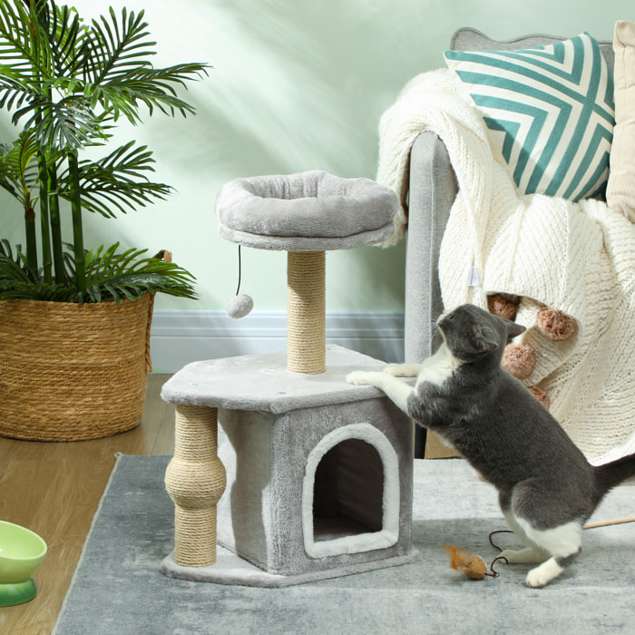 Árbol Rascador para Gatos Altura 66 cm Árbol para Gatos Torre para Gatos con Cama Cueva Plataforma Bola Colgante y Poste de Yute Gris Claro