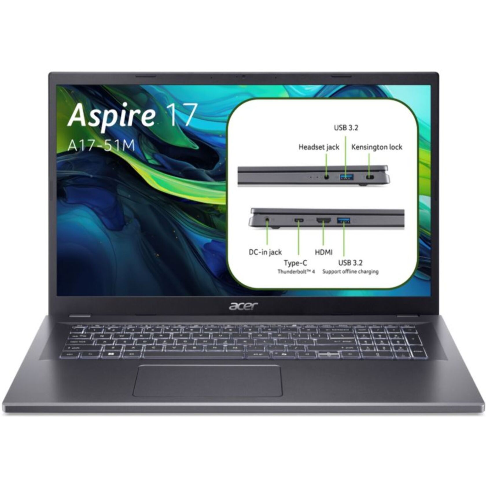 Ordinateur portable ACER Aspire A17-51M-74NK 17" Intel Core 7 150U 16 Go RAM DDR5 SSD 512 Go